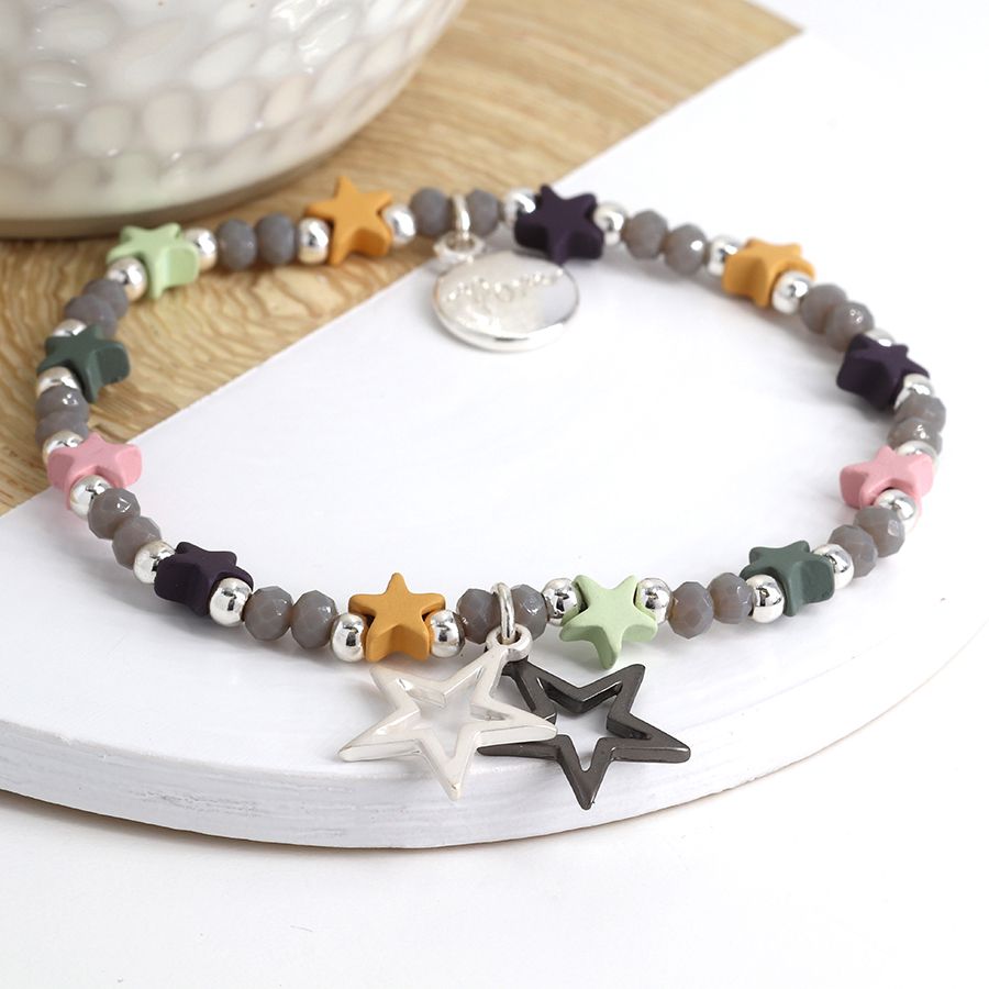 POM Colourful Star Beaded Bracelet With Silver Plated , Gold Plate And Hematite Stars