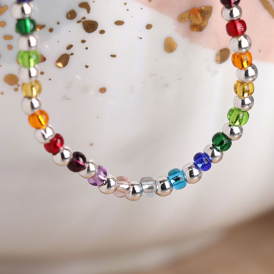 POM Silver Plated Rainbow Glass Bead Bracelet