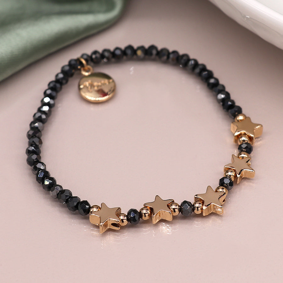 POM Midnight Bead Bracelet with Golden Stars and Metallic Beads