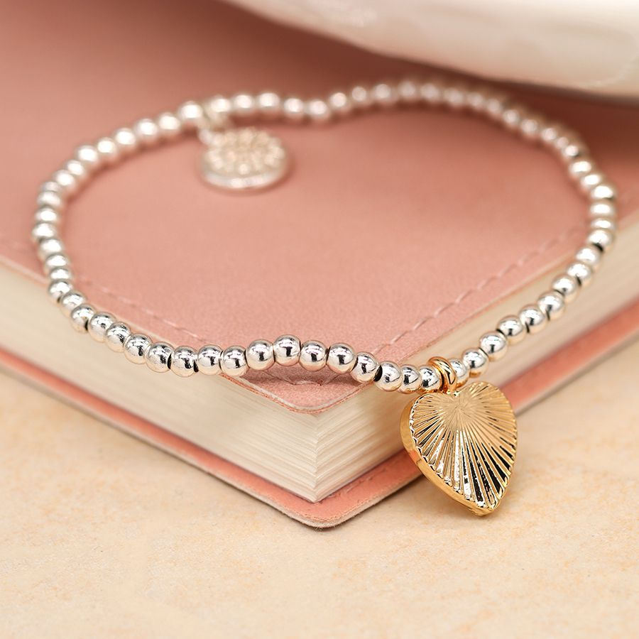 POM Silver plated bead and golden embossed heart bracelet