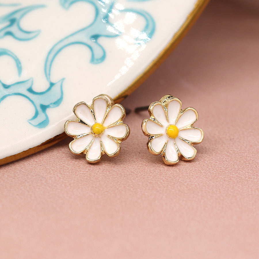 POM Faux Gold Enamel Daisy Stud Earrings