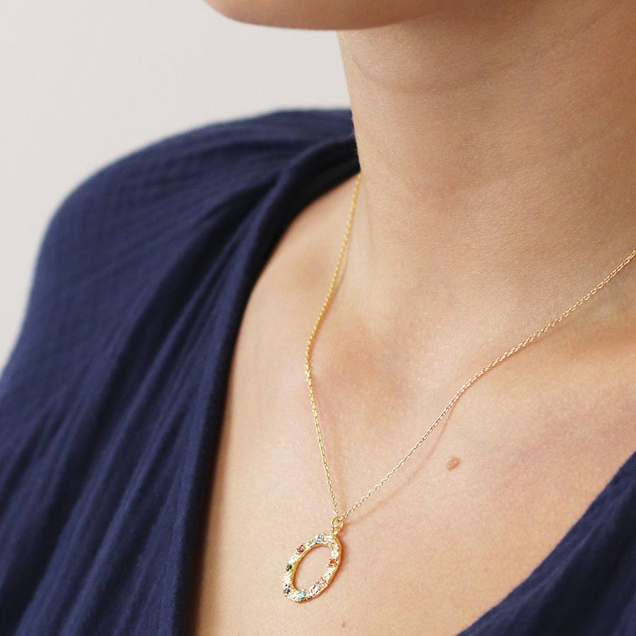 POM Faux Gold Textured Circle Necklace with Mixed Colour Crystals