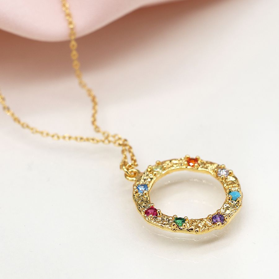 POM Faux Gold Textured Circle Necklace with Mixed Colour Crystals