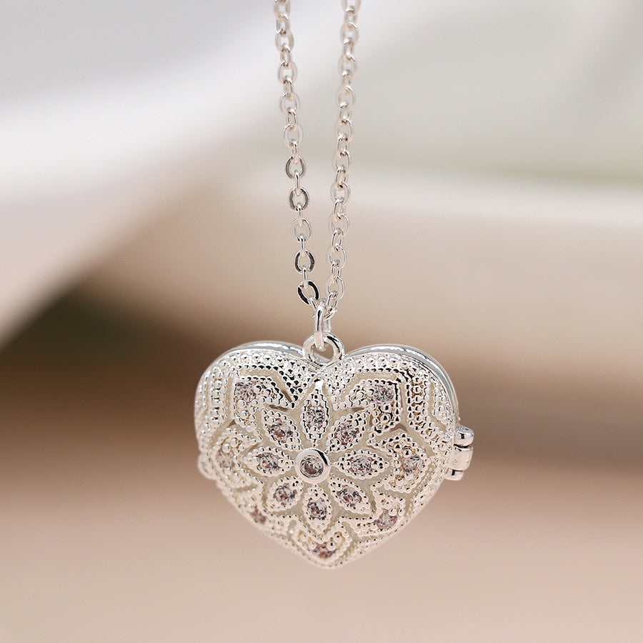 POM Silver Plated Textured Heart Locket Necklace