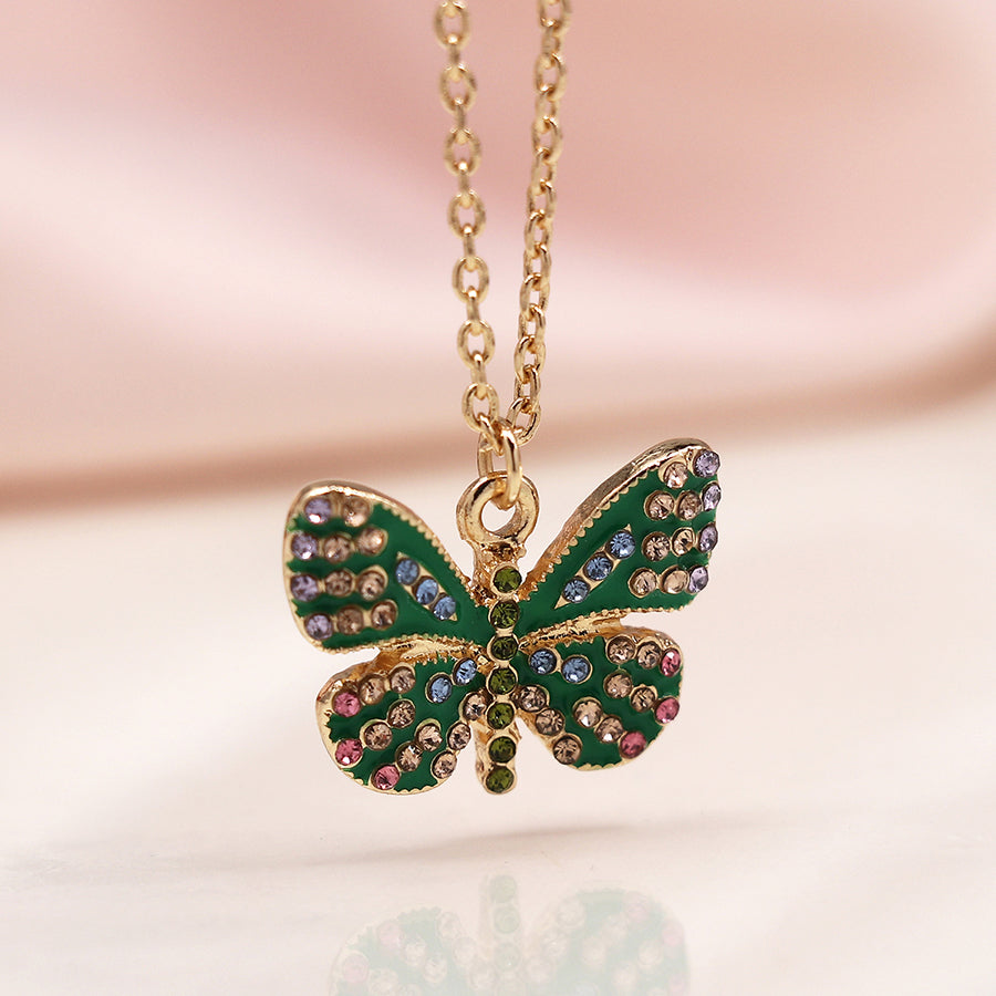 POM Faux Gold Plated Green Enamel Butterfly Necklace