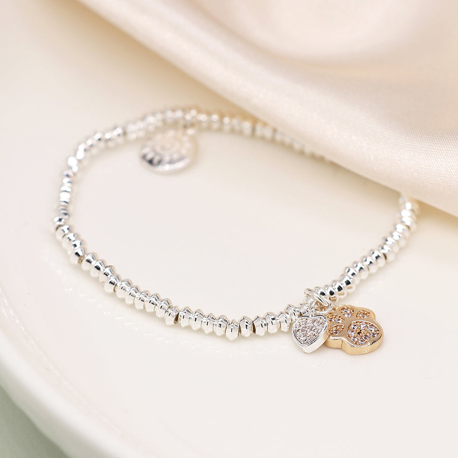 POM Silver Plated Bead Bracelet With Faux Gold Pawprint And Silver Plated Heart