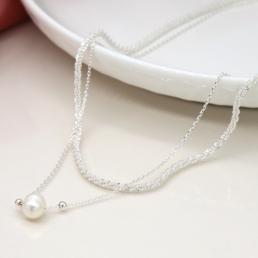 POM Silver Plated Double Layer Neckalce With Pearl Pendant