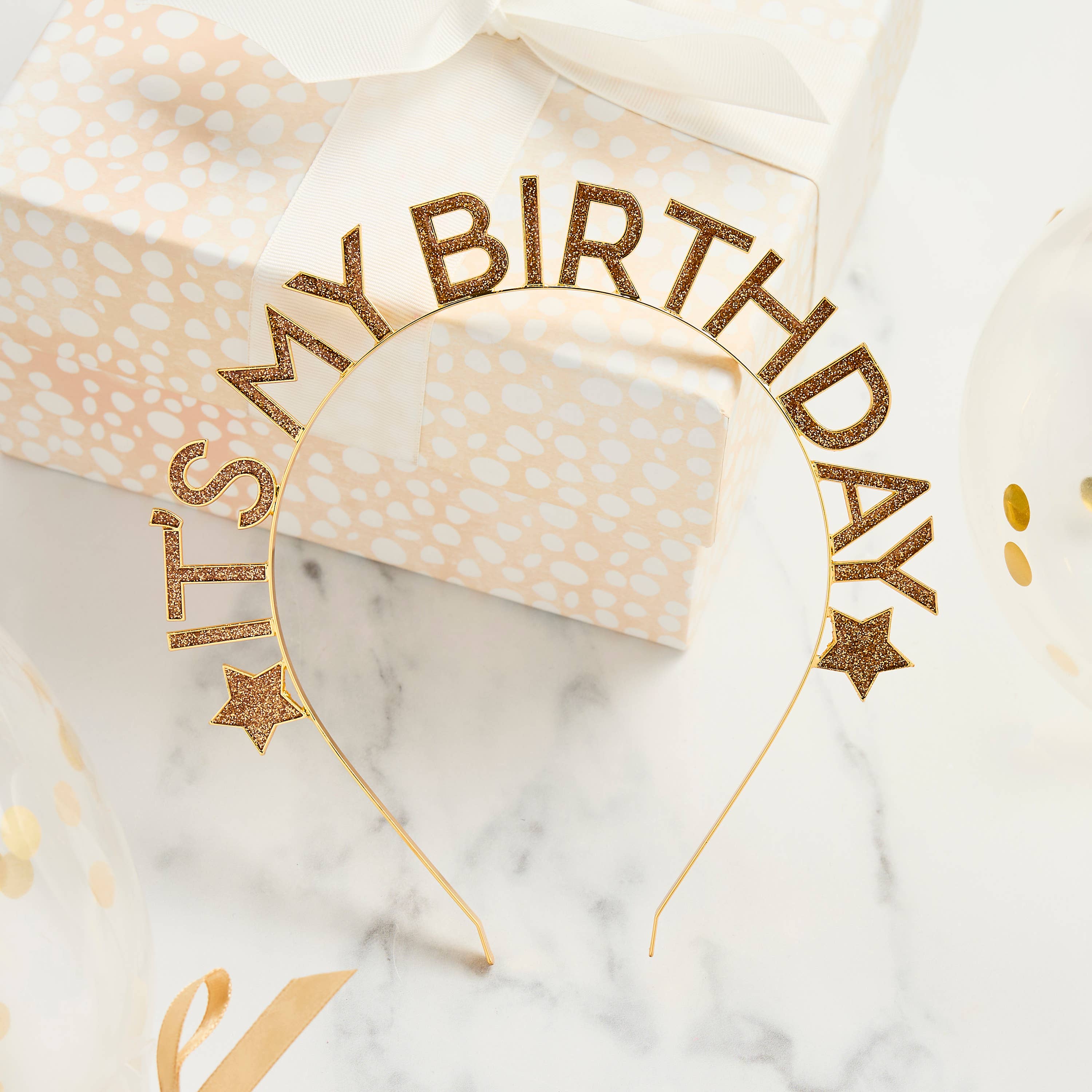 Hootyballoo - Gold 'It’s My Birthday' Glitter Filled Metal Headband