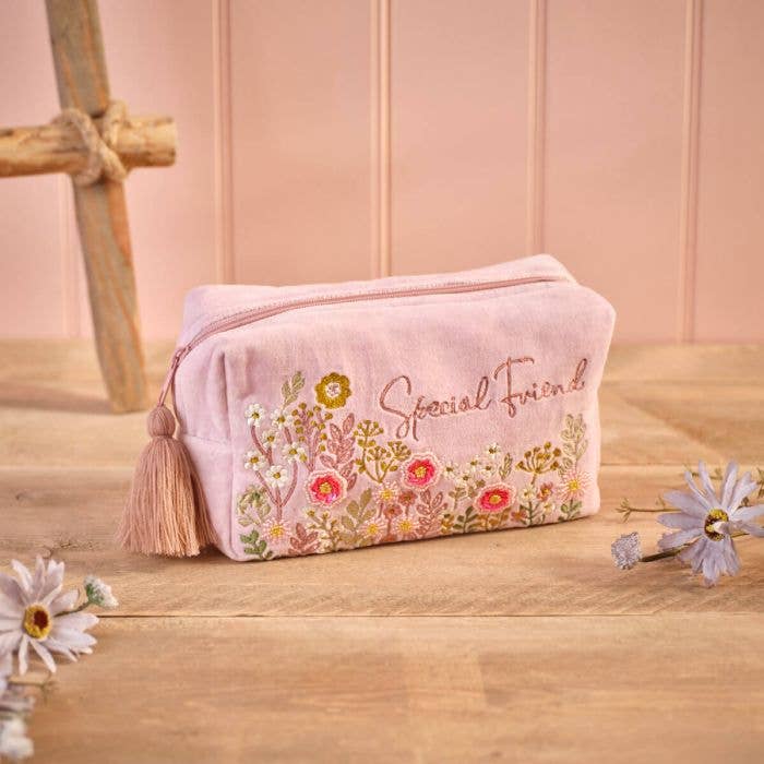 Ditsy Floral Velvet Fabric Embroidery And Glass Beads Special Friend Rectangular Make Up Bag