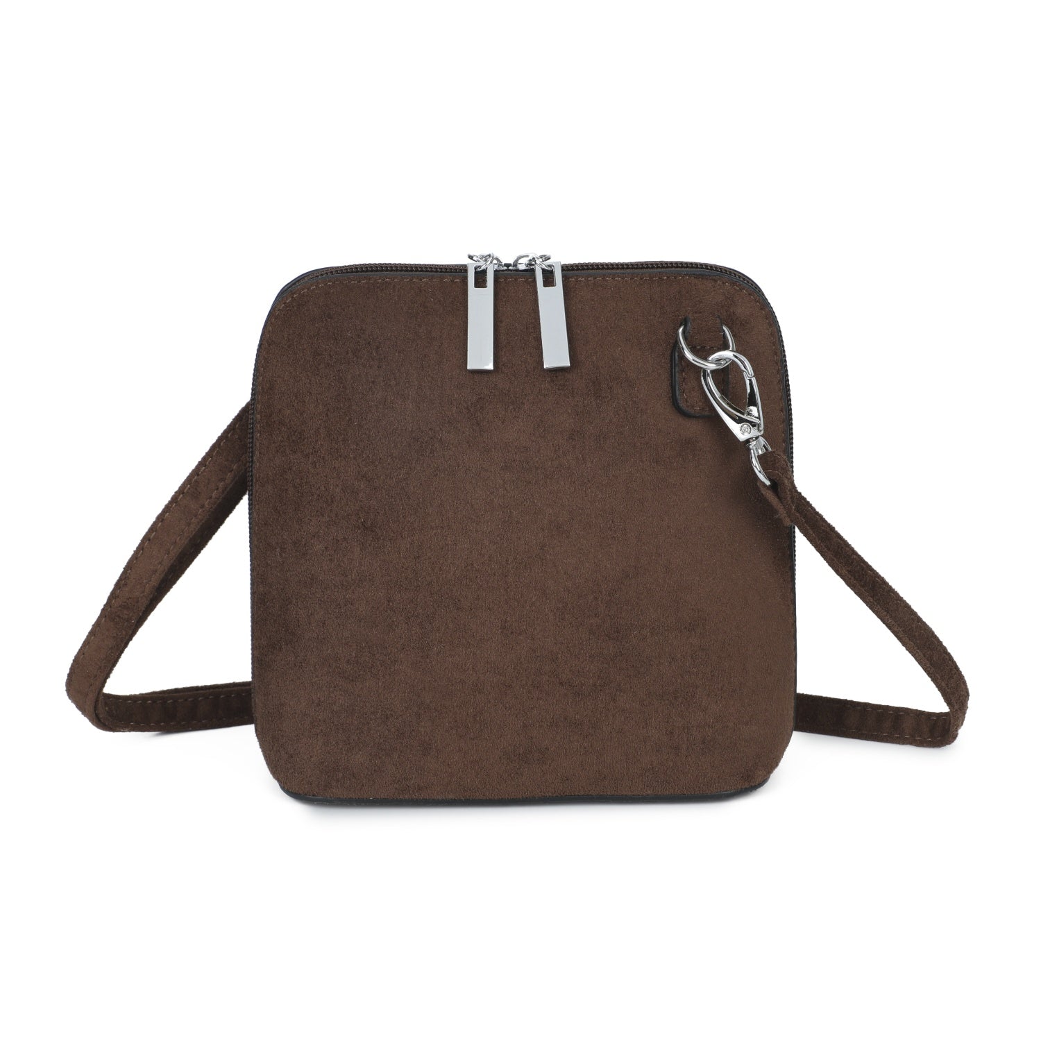 Soft Suede Effect Double Zip Crossbody Bag - Coffee