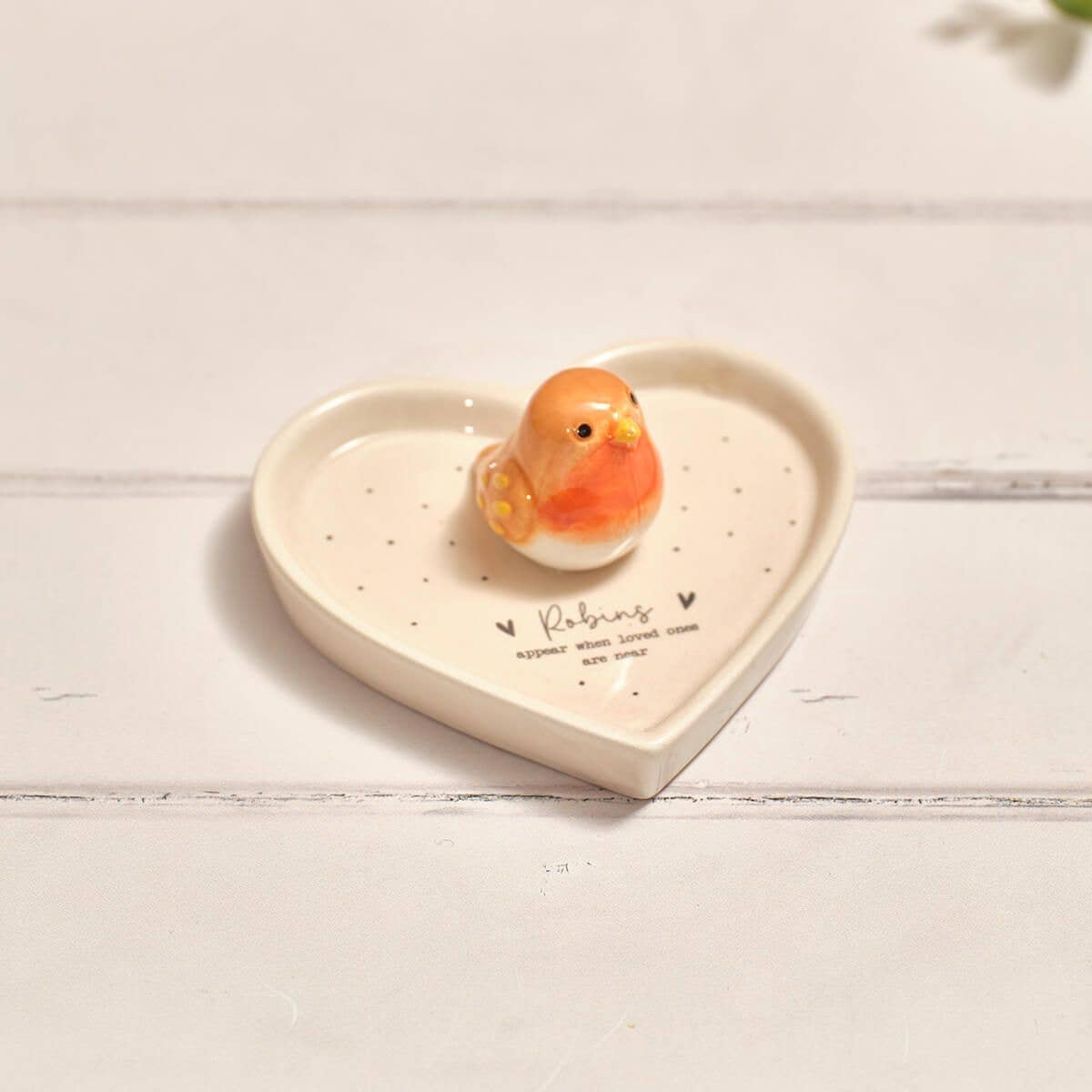 Tiny World Boxed Robins Appear Robin 3D Ceramic Heart Trinket Shape Dish