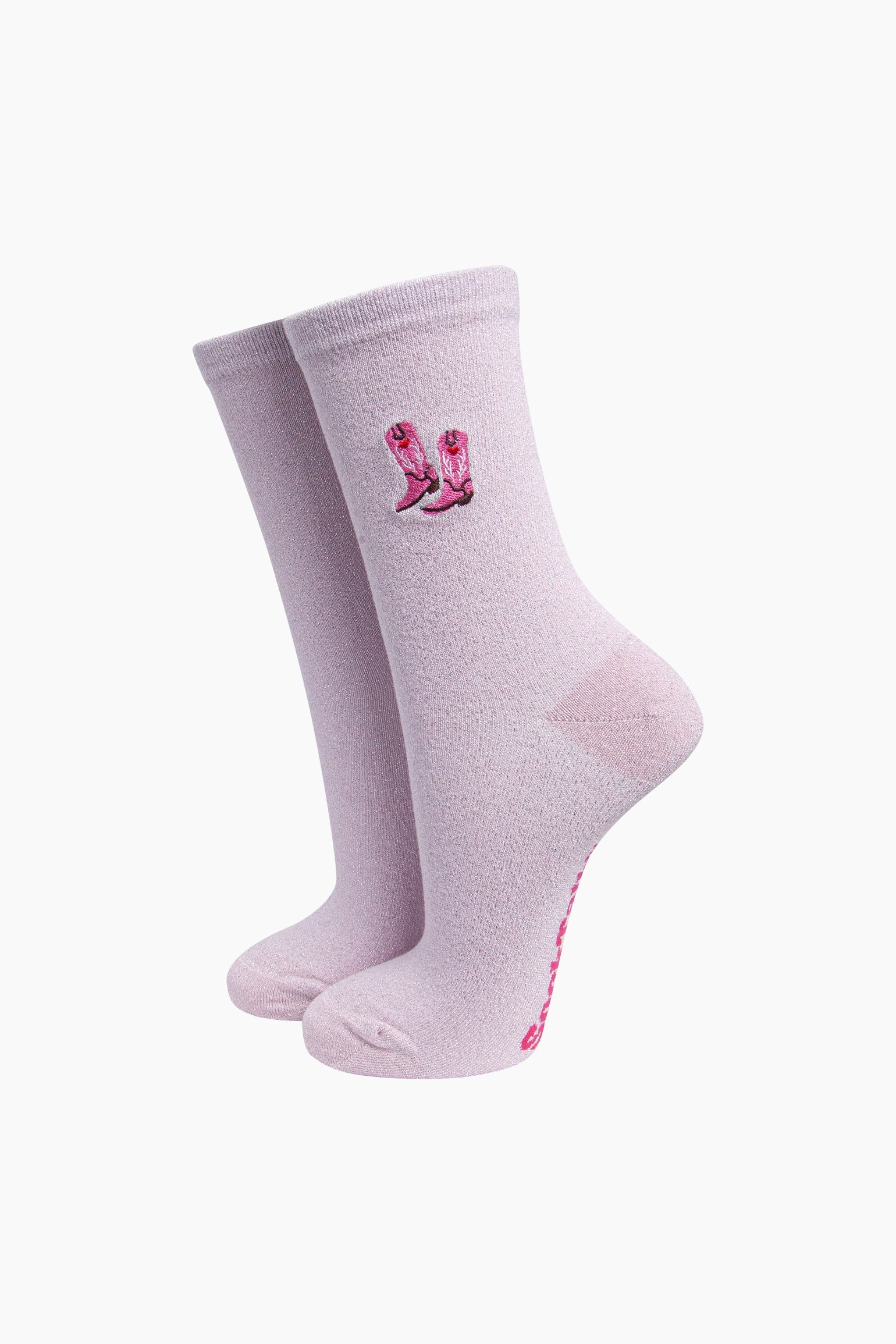 Sock Talk Cowboy Boot Embroidered Combed Cotton Glitter Socks in Baby Pink