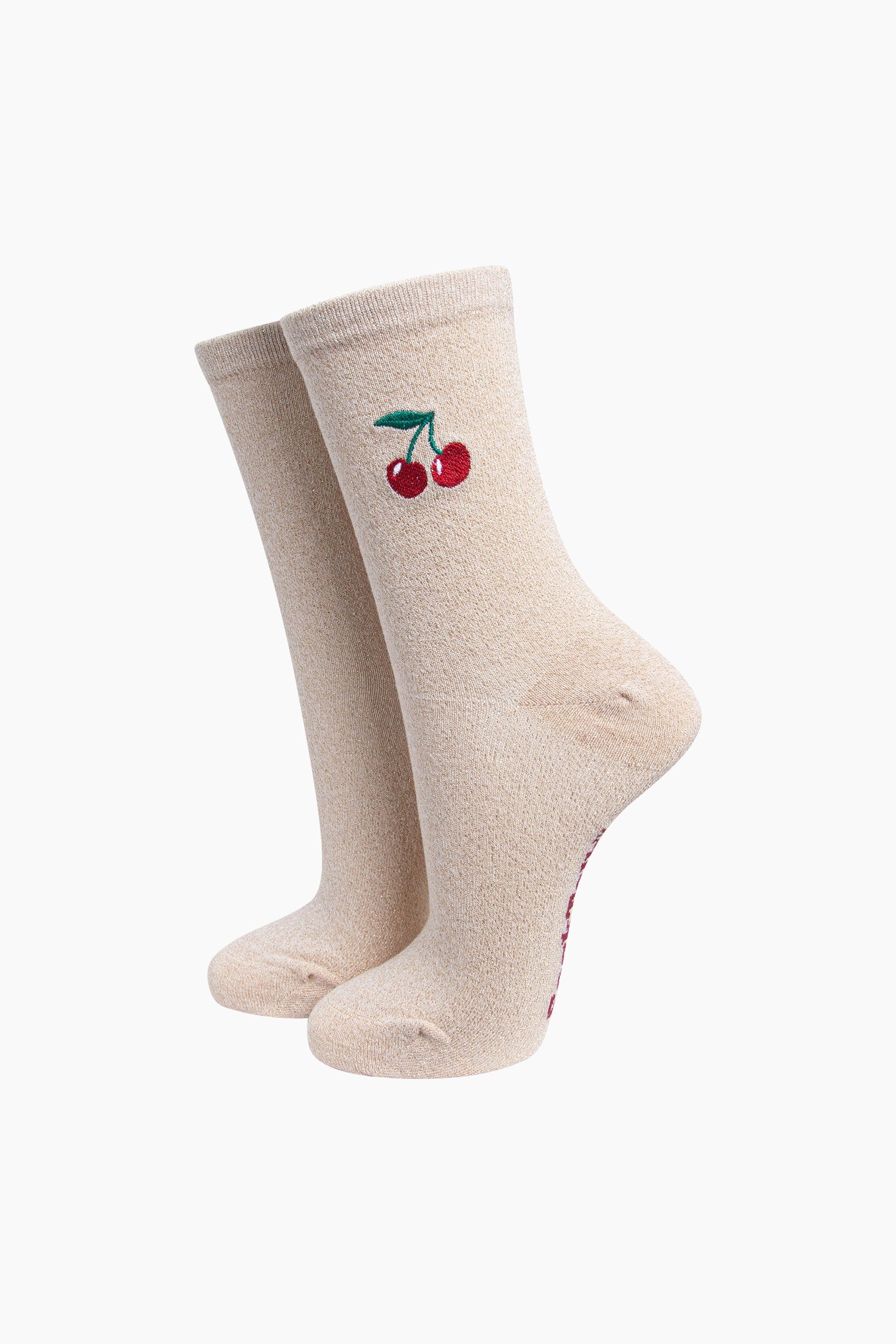 Sock Talk Cherry Embroidered Combed Cotton Glitter Socks in Cream