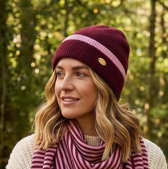 Loxley Lane Burgundy Beanie Hat Knitted Border Design