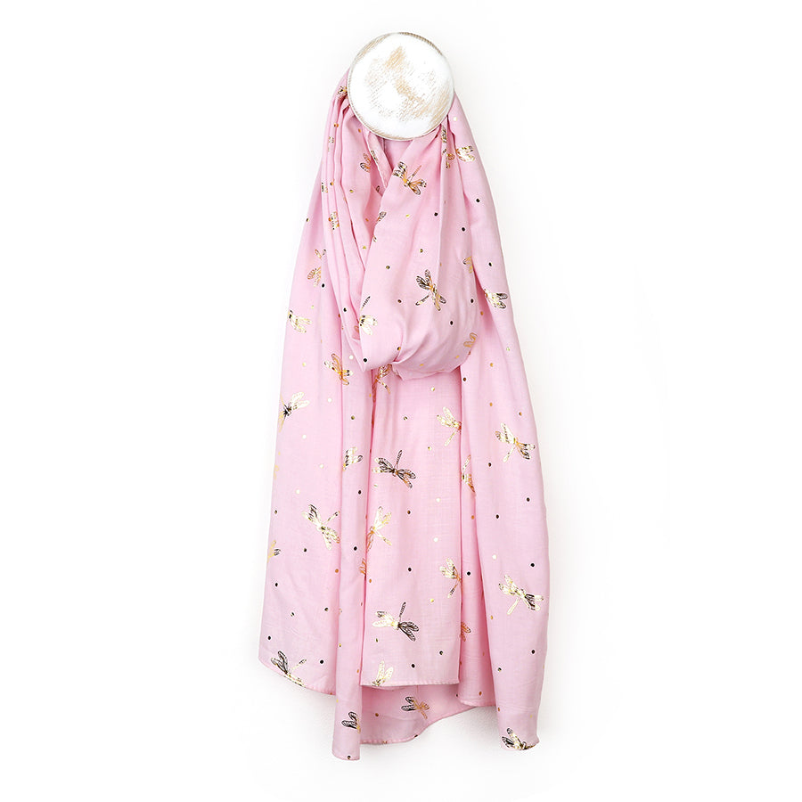 Pastel Pink and Metallic Dragonfly Print Scarf