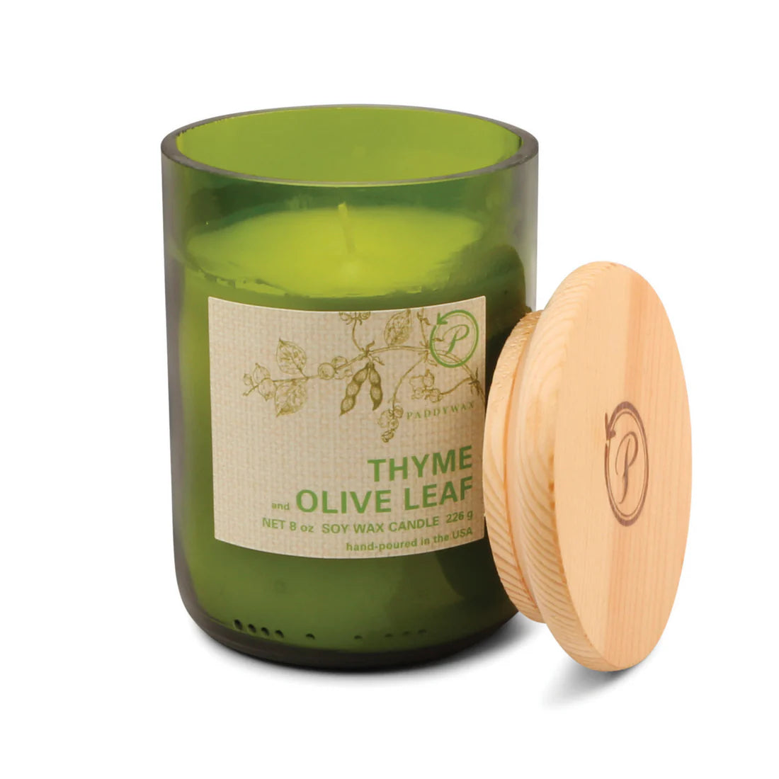 Green Recycled Glass Candle - Thyme + Olive Leaf (226g)