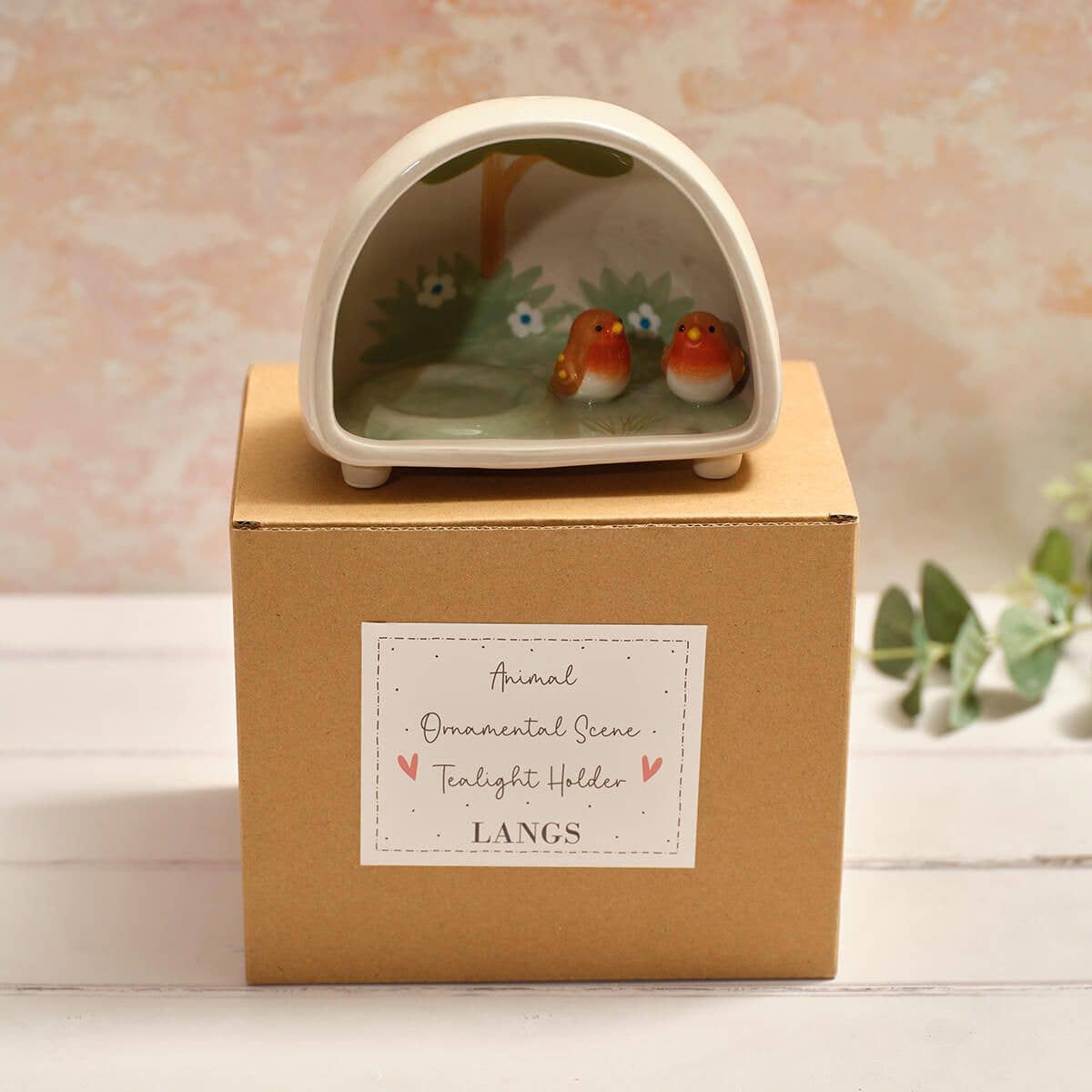 Tiny World Boxed Robin Decorative Dome Scene Ceramic Tealight Holder With Legs