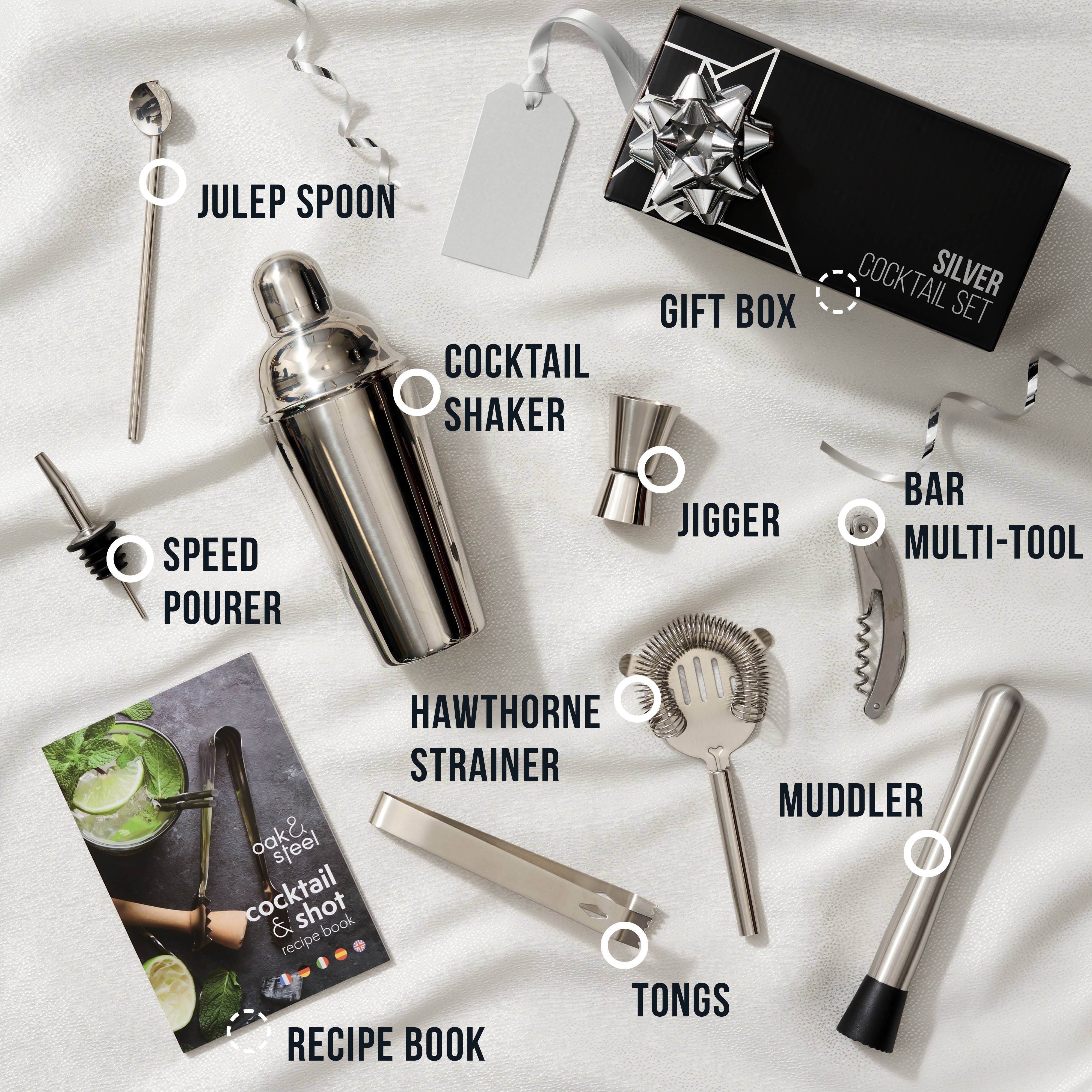 Oak & Steel - 10 Pieces Stainless Steel Cocktail Making Shaker Mixer