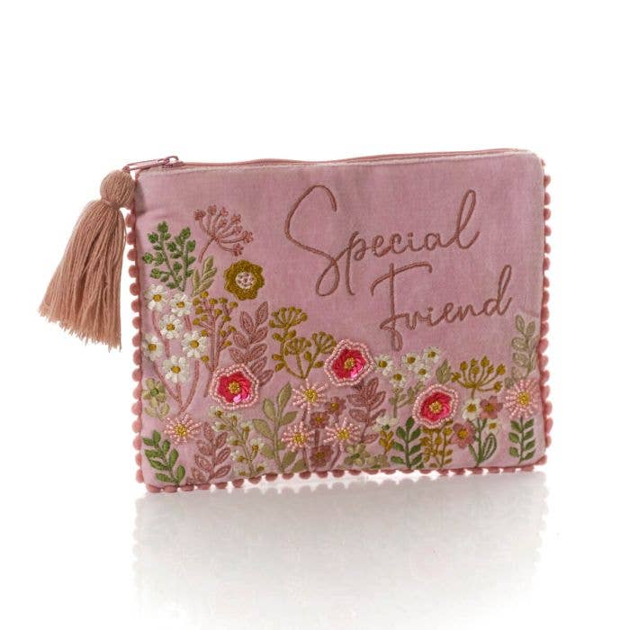 Ditsy Floral Velvet Fabric Embroidery And Glass Beads Special Friend Pouch With Tassel