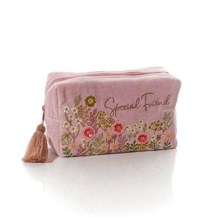 Ditsy Floral Velvet Fabric Embroidery And Glass Beads Special Friend Rectangular Make Up Bag