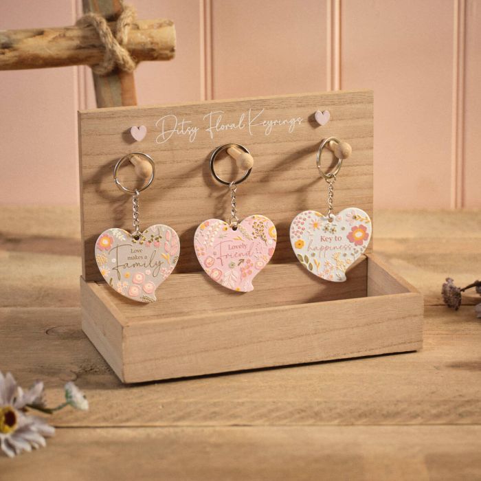 Ditsy Floral Metal Heart Shaped Keyring