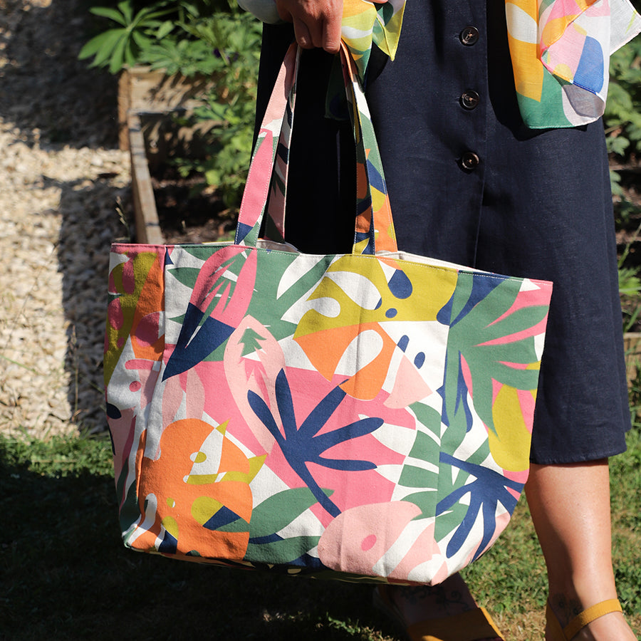 POM Pink and orange mix tropical canvas tote bag