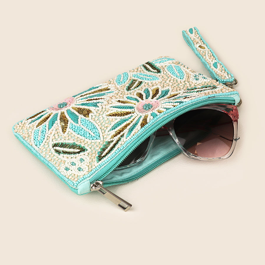 POM Beaded Blue Floral Holiday Purse