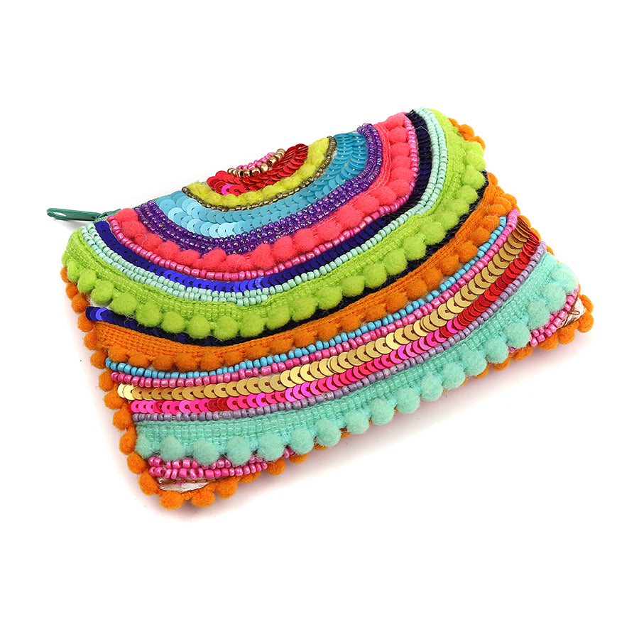POM Small beaded neon rainbow pom-pom purse