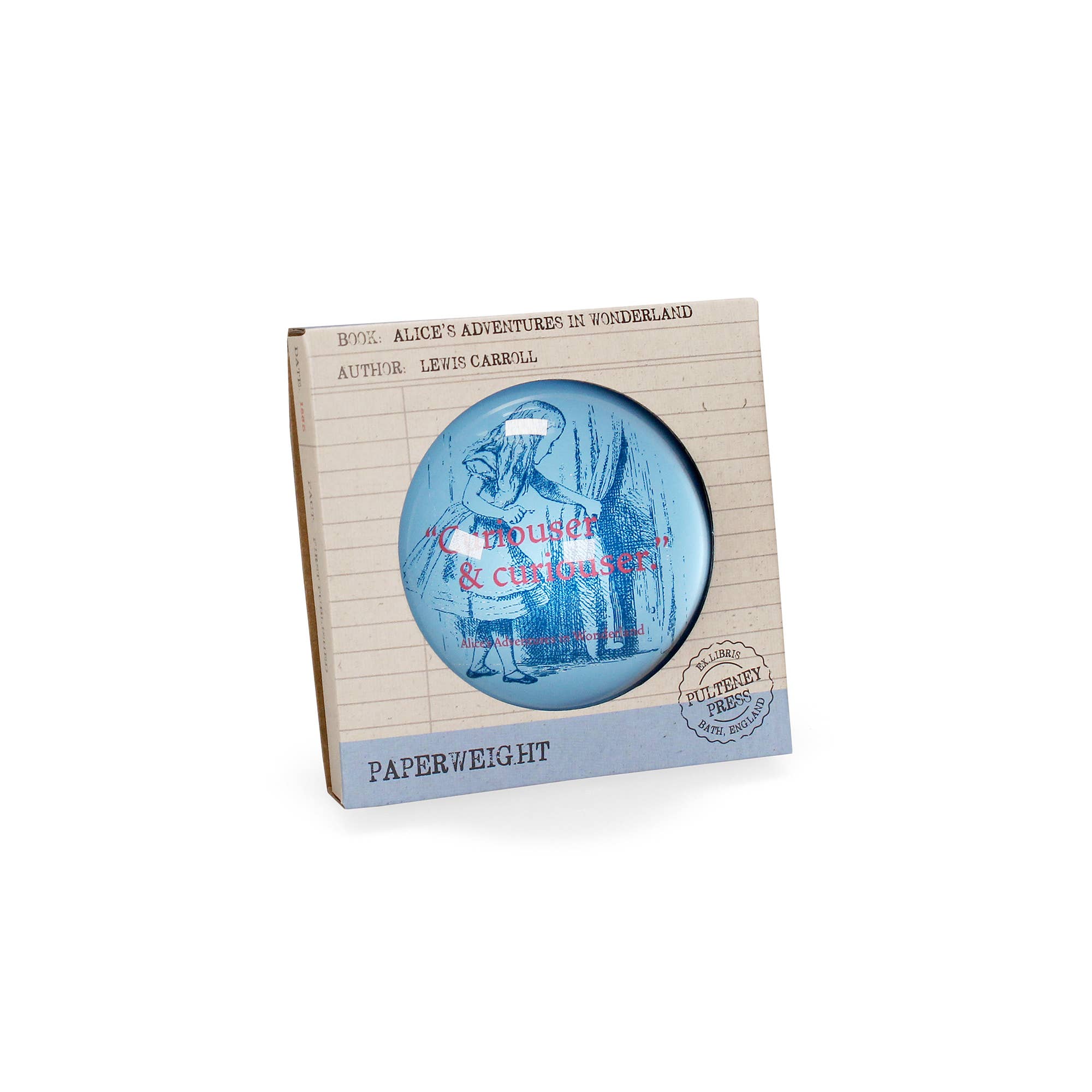 Half Moon Bay - Glass Paperweight Alice in Wonderland Curiouser Blue
