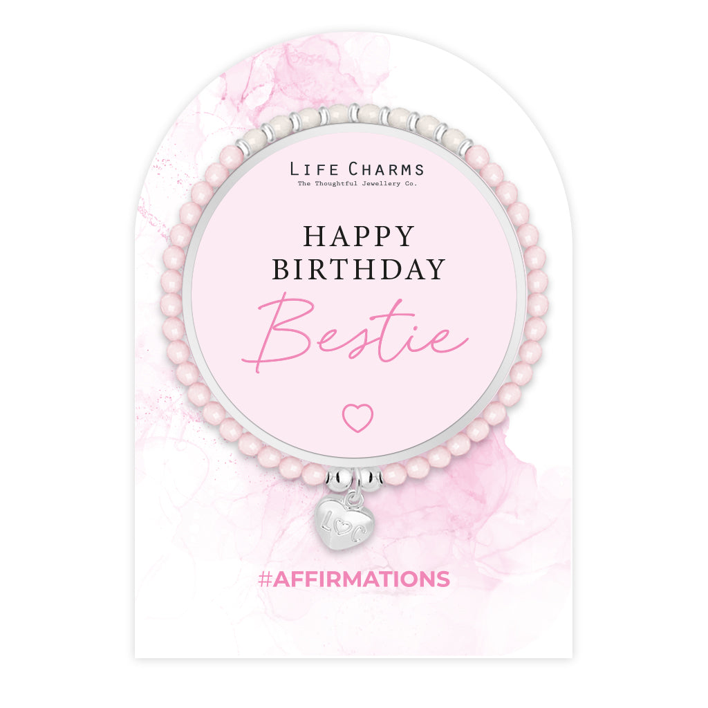Life Charms Pink White and Silver Happy Birthday Bestie Affirmations Bracelet - More Than Just a Gift | Narborough Hall