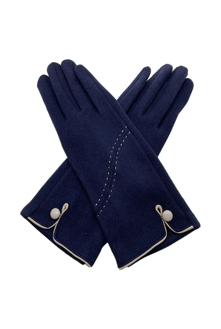 Thermal Felt Navy Gloves with Stitch & Button Detail