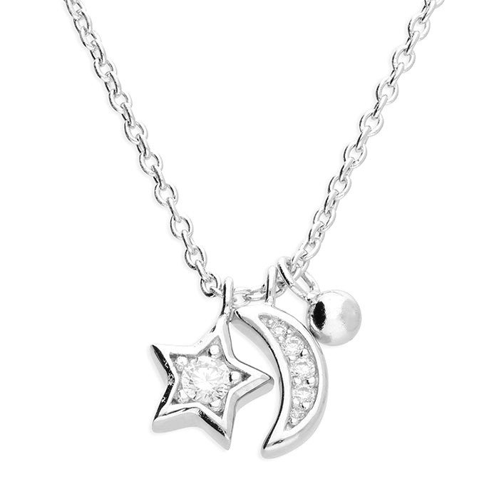 Sterling Silver CZ Star & Moon Necklace
