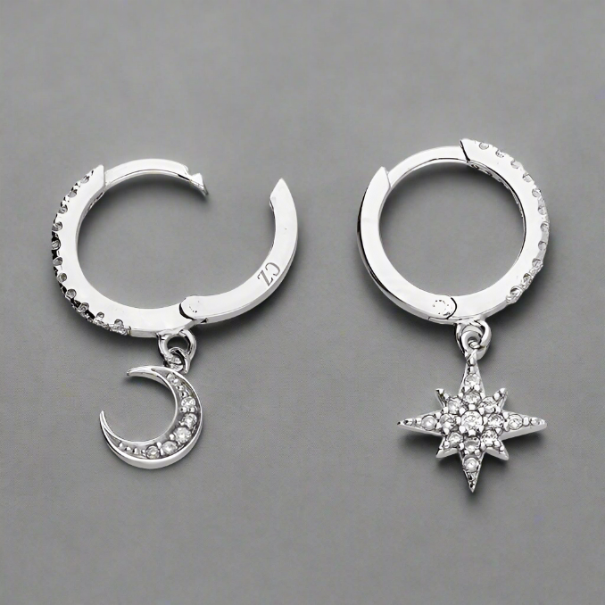 Sterling Silver CZ Star & Moon Huggie Earrings
