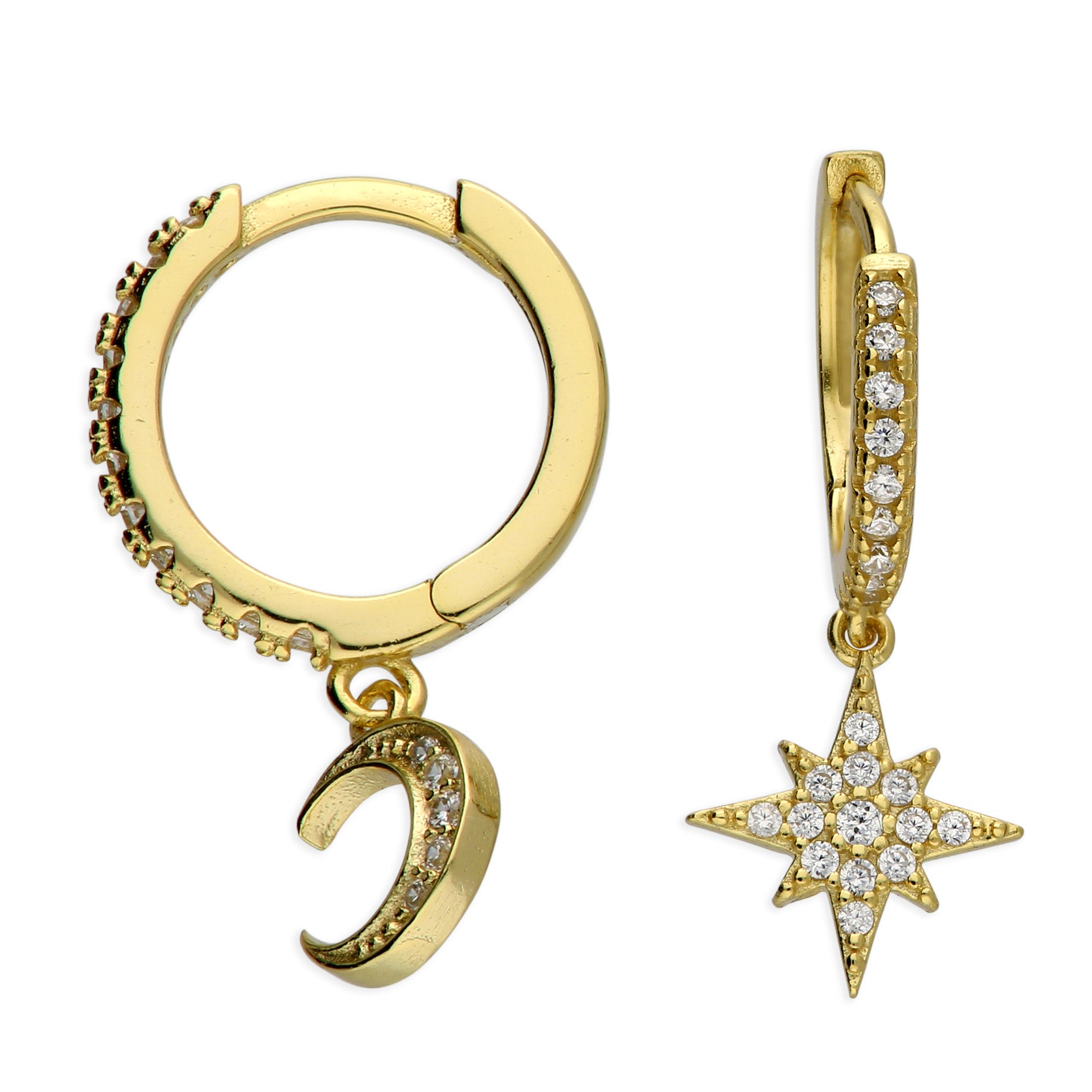 Sterling Silver Gold Plate/CZ Star & Moon Huggie Earrings