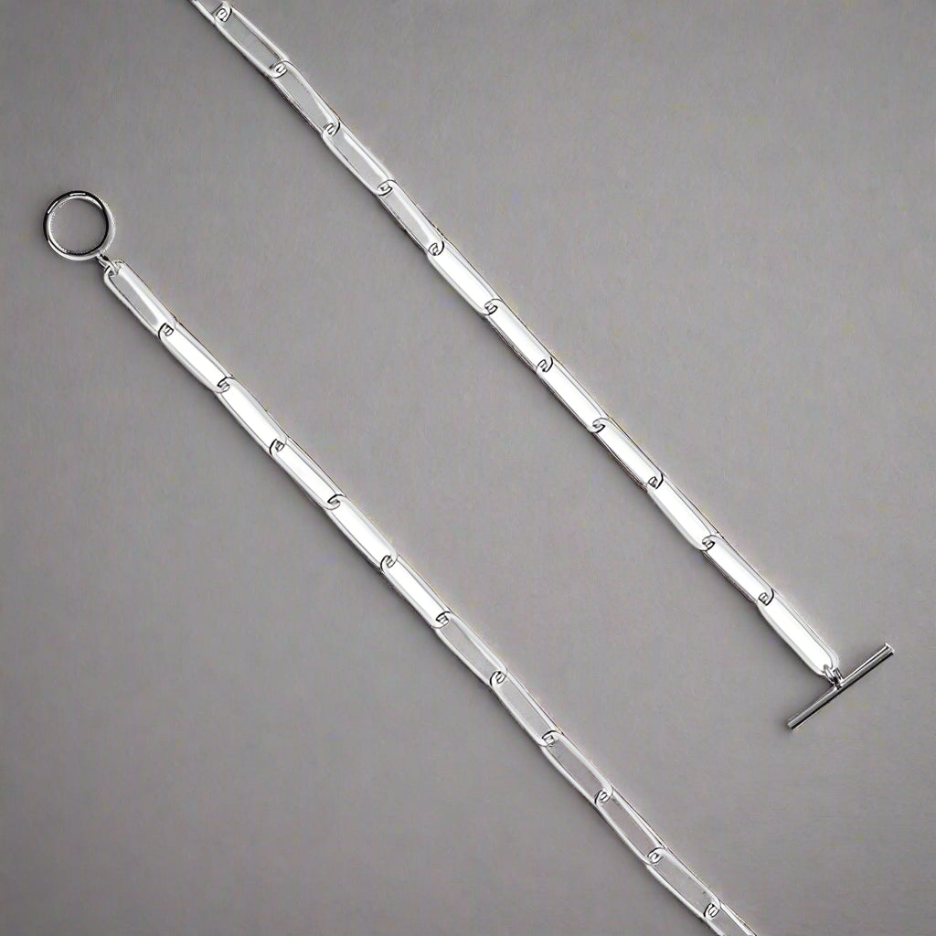 Sterling Silver Flattened Oval Open Belcher T-Bar Necklace