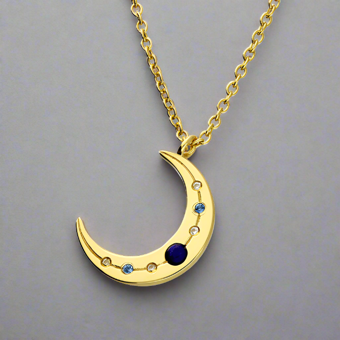 Gold Plated Sterling Silver Crescent Moon Necklace with Lapis and Cubic Zirconia