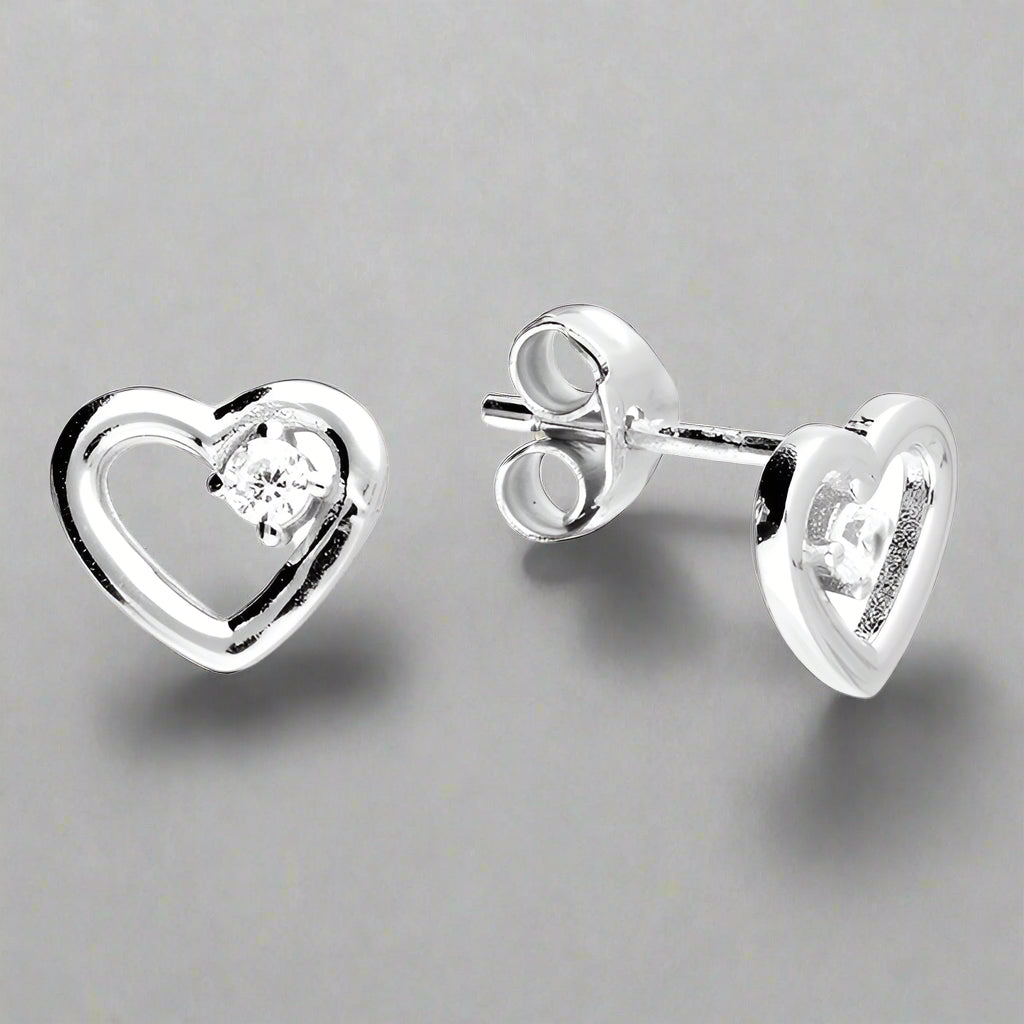 Sterling Silver Single CZ Open Heart Stud Earrings