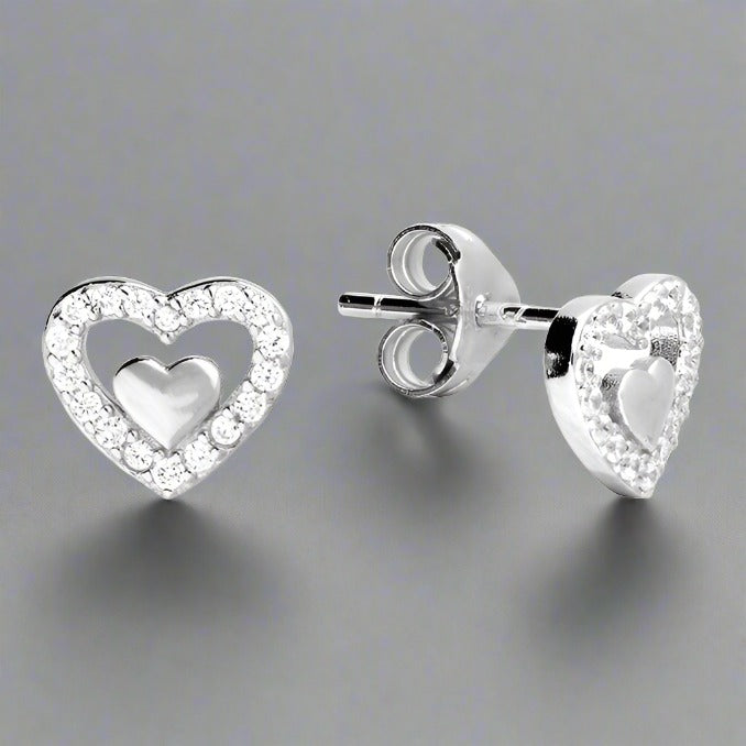 Sterling Silver Double Heart Sparkle Stud Earrings
