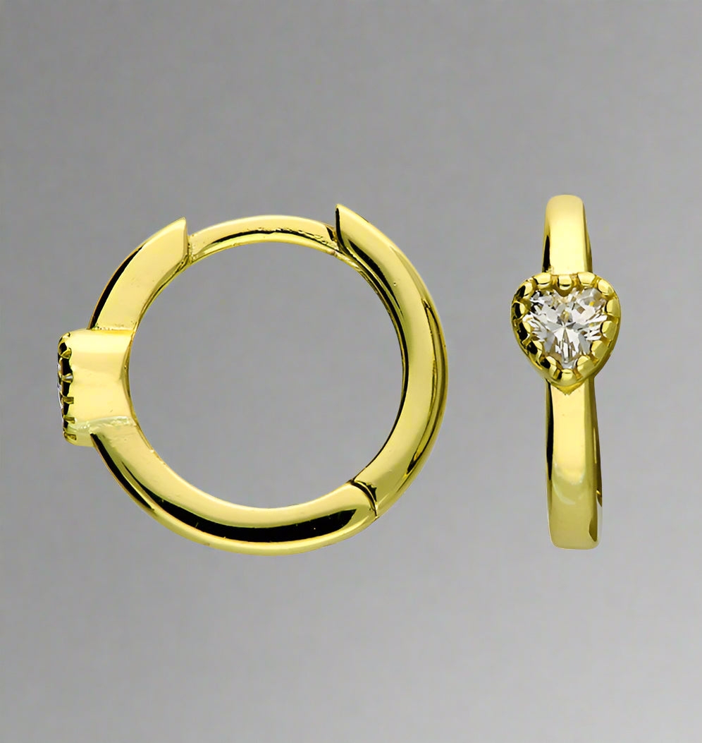 Sterling Silver Gold Plated CZ Heart Huggie Hoop Earrings