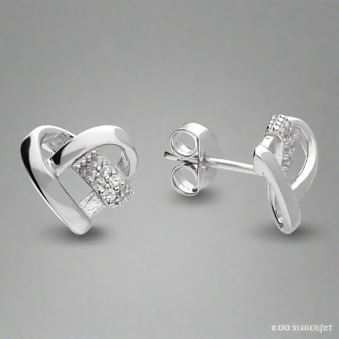 Sterling Silver Ribbon Heart Stud Earrings
