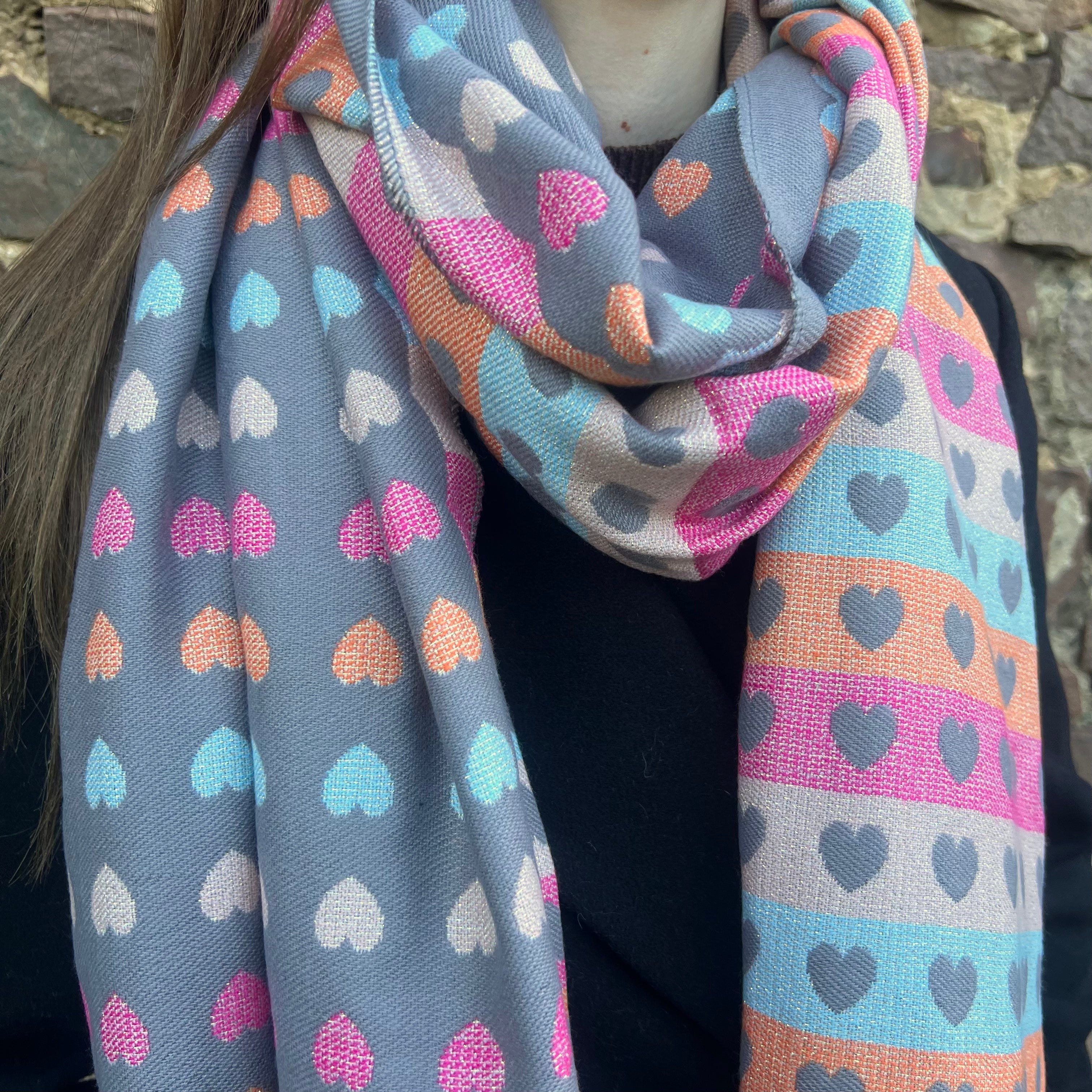 Grey Multi-Colour Reversible Heart Scarf