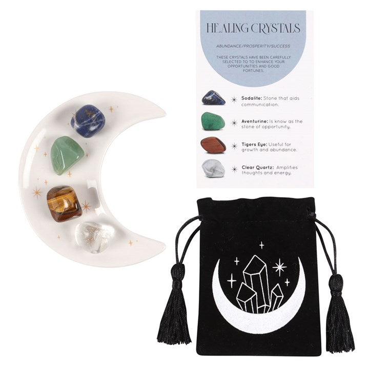 Success Prosperity Abundance Healing Crystal Set With Moon Trinket Dish