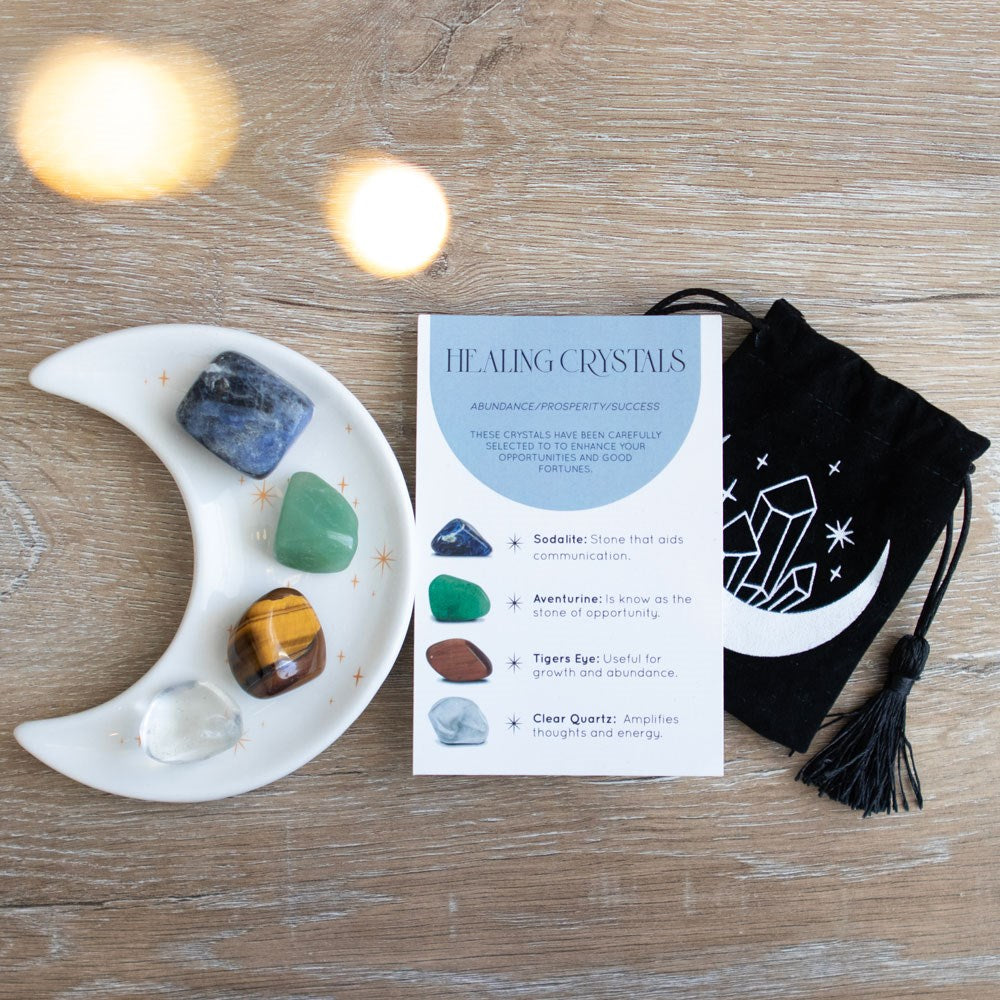 Success Prosperity Abundance Healing Crystal Set With Moon Trinket Dish