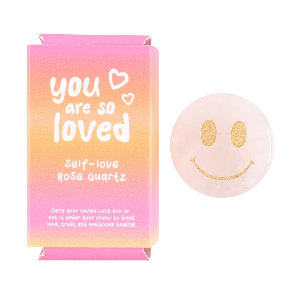 You Are Loved Rose Quartz Happy Face Crystal in box