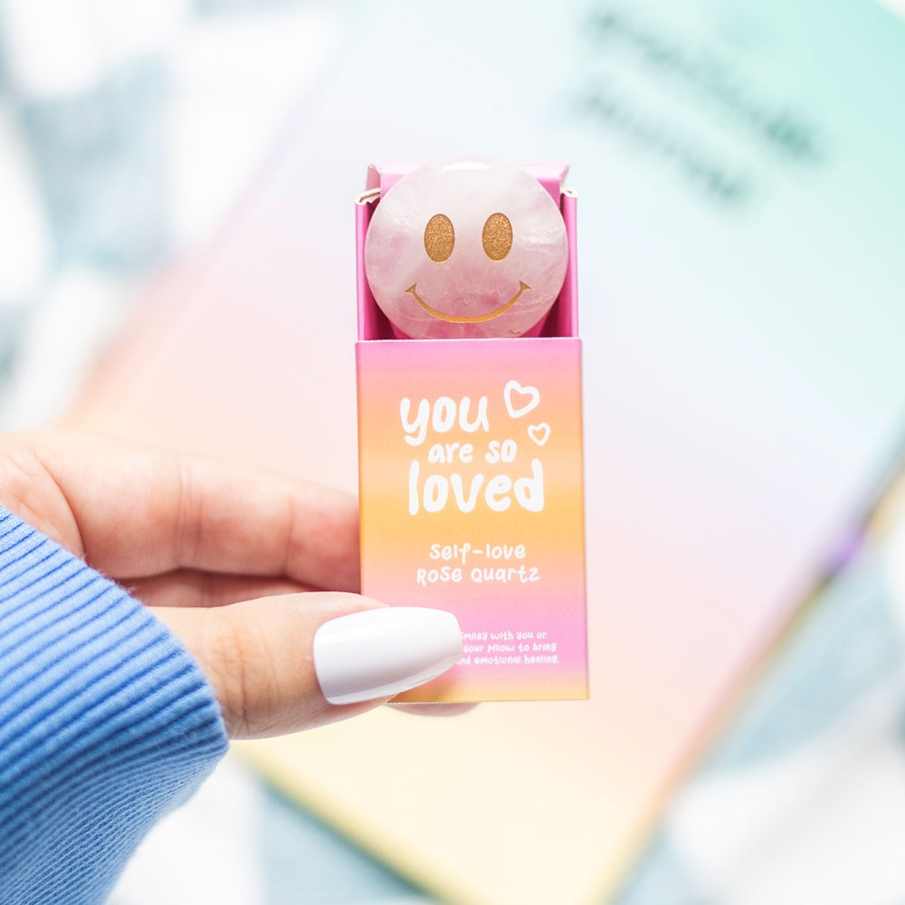 You Are Loved Rose Quartz Happy Face Crystal in box