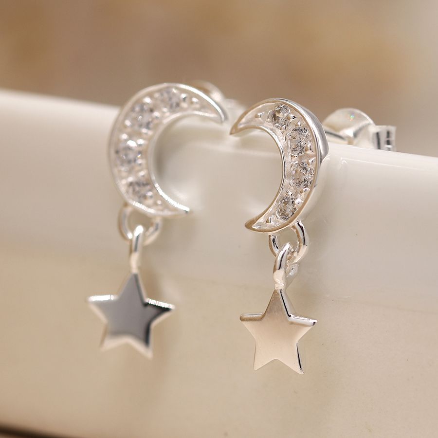 POM Sterling Silver Crystal Moon and Star Drop Earrings