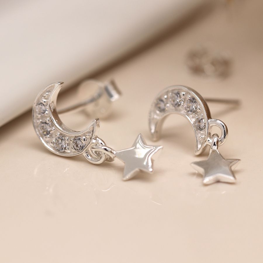POM Sterling Silver Crystal Moon and Star Drop Earrings