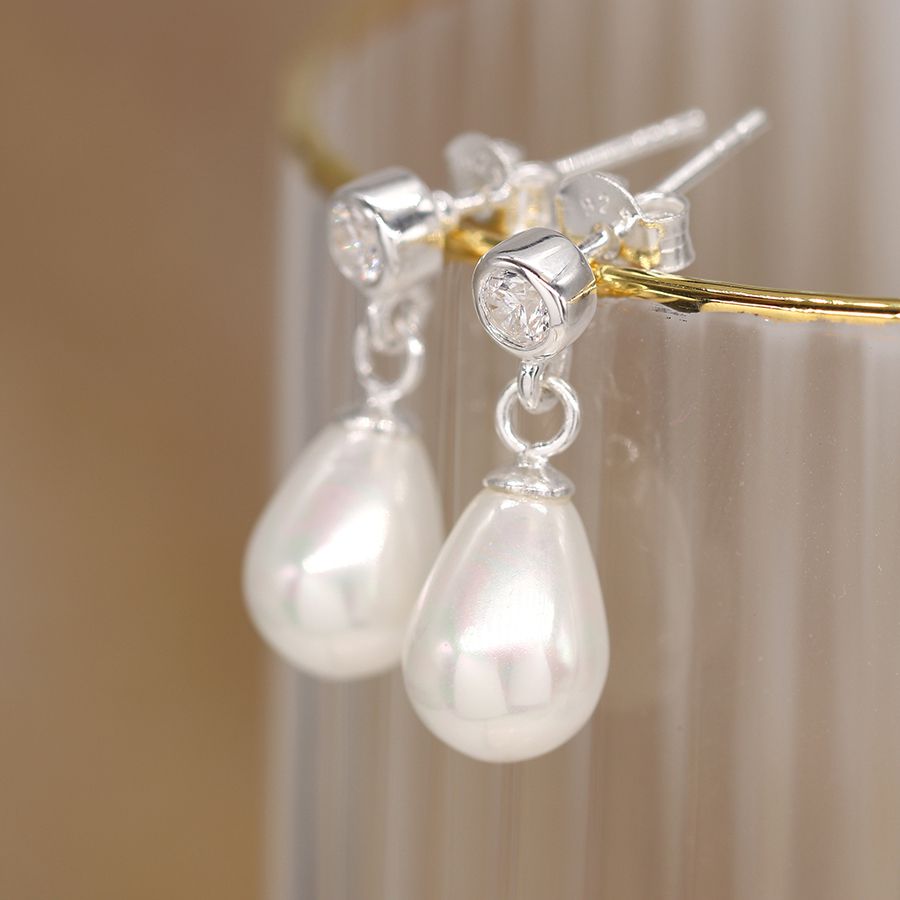 POM Sterling Silver Shell Pearl Drop & Crystal Earrings