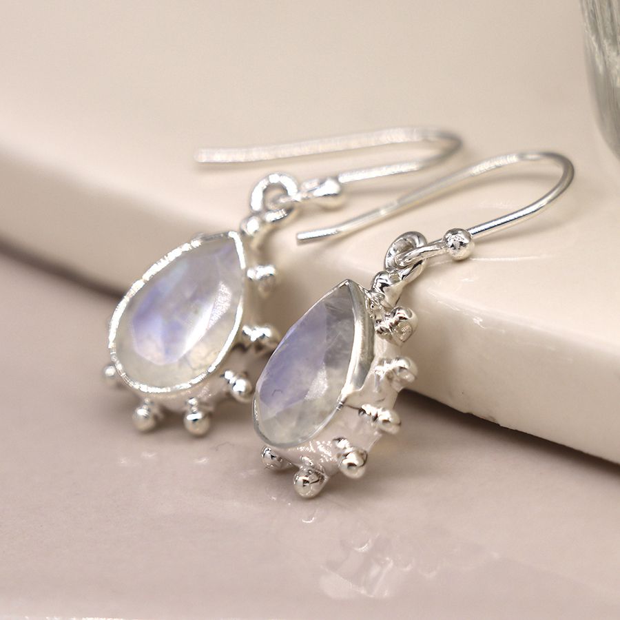 POM Sterling Silver Rainbow Moonstone Decorative Drop Earrings