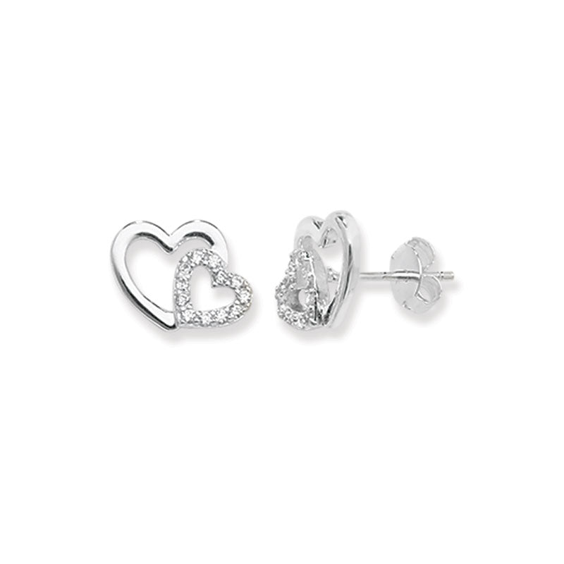 Sterling Silver Double Heart CZ Stud Heart Earrings - More Than Just a Gift | Narborough Hall